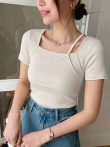 FRIFUL 女款夏季休閒素色不對稱二合一T恤 - 杏色 - 查看 1