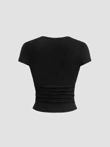 Sweetra Women's Elegant Premium Charming Spliced Lace & Short Black T-Shirt - Black - View 2
