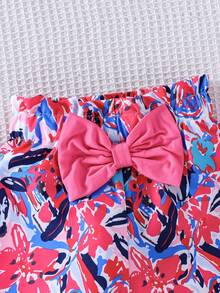 Genkimix Kids Young Girls Casual Sleeveless Top & Striped Shorts 2 Pieces Set With 3D Bow Design - Hot Pink - View 6