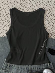 SHEIN Teen Girls Tank Tops & Camis Summer New Black Ribbed Stud Decor U-Neck Slim Fit Vest - Black - View 2