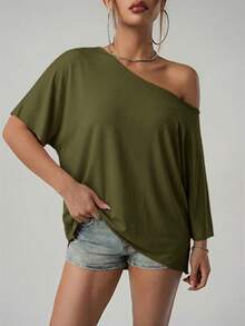 SHEIN ICON 美式街头休闲风不对称肩部宽松纯黑色T恤 - 軍綠色 - 查看 5