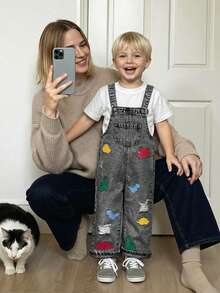 Young Boy Colorful Cartoon Dinosaur Print Pocket Denim Overalls - Light Grey - View 8