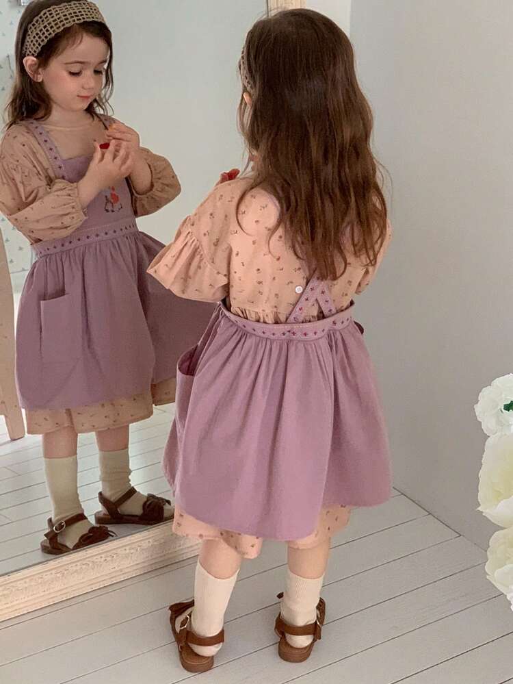 Floral Puff Sleeve Top Cute + Tank Dress Long Dress Set Young Girls Shirt Set