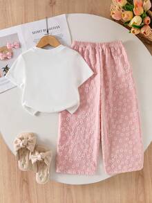 Genkimix Kids 2pcs/Set Young Girls Textured Tee With 3D Floral Decor Casual Long Pants, Suitable For And Outings Summer Sets Girl's(Small)T-Shirt Set Birthday - Pink - View 2