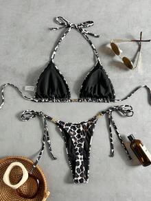 Swim Vcay 女款 2 件式熱帶性感豹紋比基尼套裝，配金屬飾件，度假休閒風 - 彩色 - 查看 2
