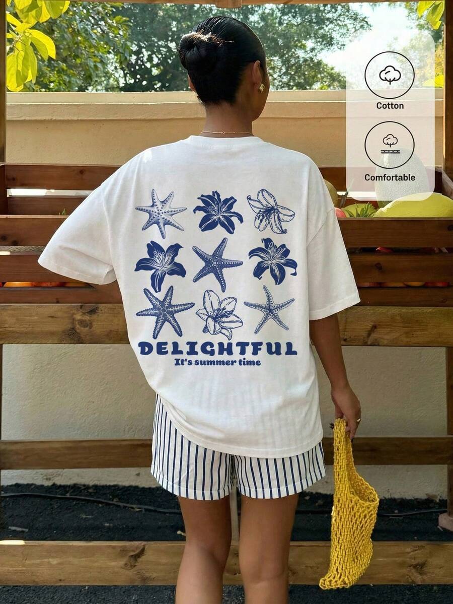 Muchica 休閒簡約度假風藍色熱帶花卉海星字母圖案印花大尺碼T恤,休閒簡約圖案圓領短袖超寬鬆女款T恤,適合春夏季 - 白色 - 查看 1