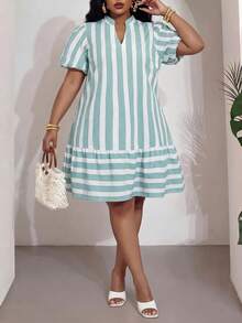 Veslaya Plus Size Women 2026 Spring/Summer New High-End Elegant Romantic V-Neck Petal Sleeve Striped A-Line Patchwork Hem Short Dress - Multicolor - View 8