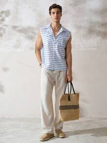 TONEVAULT Men's Summer Casual Tropical Linen-Like Sleeveless Shirt Vacation Blue And White Stripe - Blue - View 8