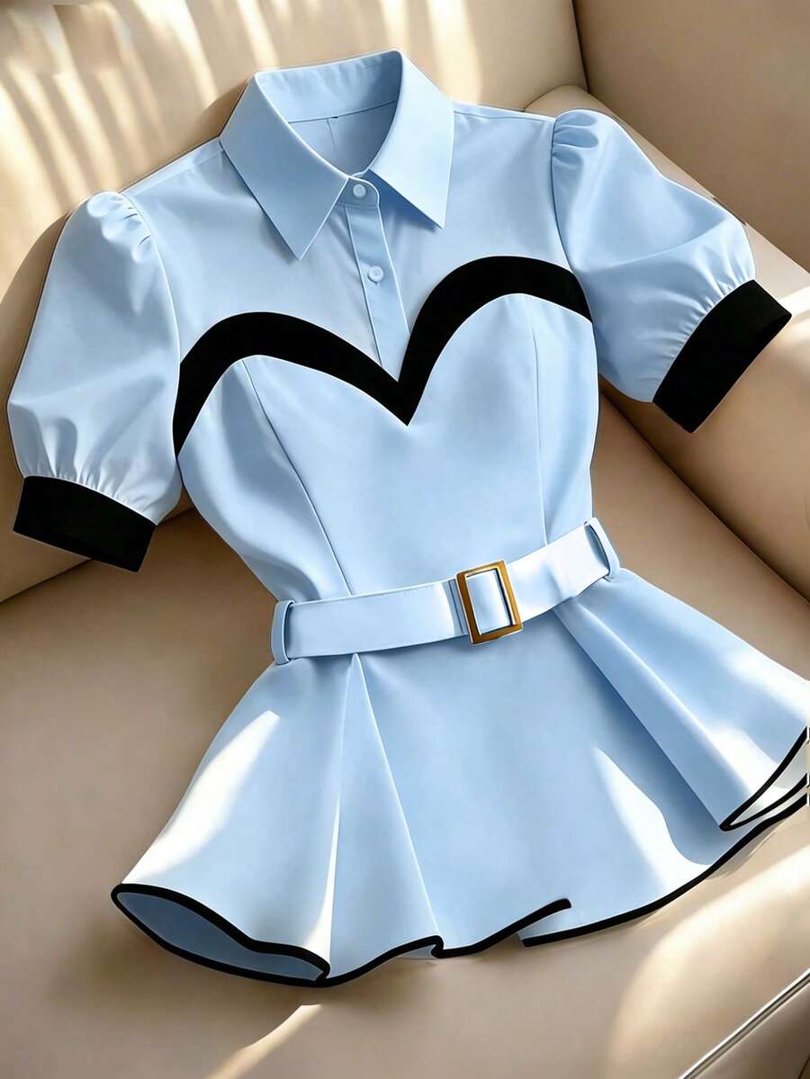 Franclia 女款休閒日常/通勤對比色花瓣袖腰帶襯衫,夏季 - 藍色 - 查看 1