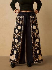 Levarali Plus Size Tropical Vacation Style Boho Wide Leg Casual Long Pants Vacation Black Autumn - Black - View 3