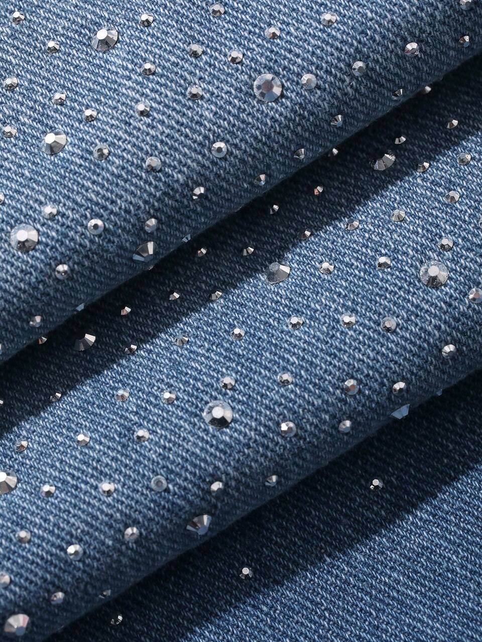 Rhinestone Embellished Flare Leg Jeans, Casual Vacation Summer Women's Denim Pants