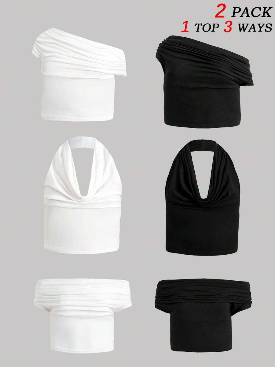SHEIN Girlism Setelan Kasual Off-Shoulder 2 Potong untuk Anak Perempuan Remaja, Camisole Warna Polos - Hitam dan Putih - View 1