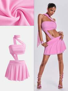 ROMWE Y2K Summer Vacation Romantic Sexy Pink Chiffon Ruffle Neck Hollow-Out Mini Dress - Pink - View 8