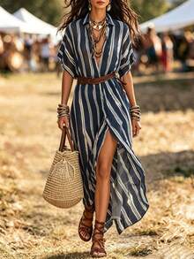 EMERY ROSE Women's Vacation Casual Striped Front Button Dress - Multicolor - View 6