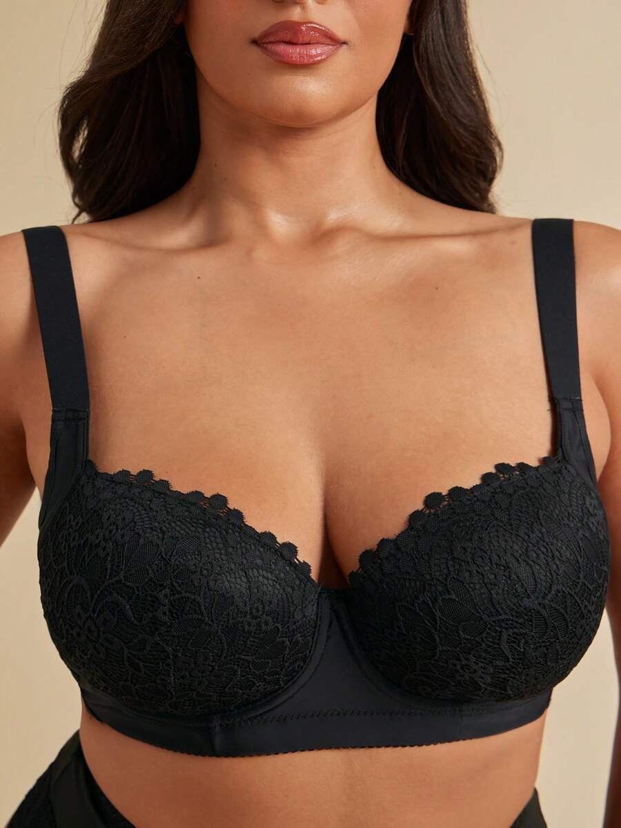 SHEIN BAE CURVE 加大码舒适无缝钢圈加厚可调节文胸，单件装内衣，提升 - 黑色 - 查看 1