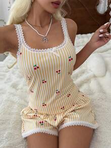 CottageSlumber Damen Gelb & Weiß Gestreift Kirsche Fein Gerippt Seide Spitze Camisole & Kurzarm Pyjama Set, Sexy Stil - Gelb - Übersicht 1