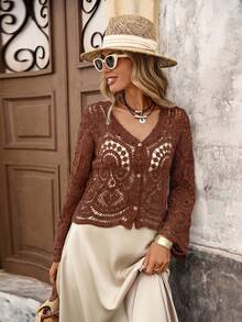 Brillora Cardigan Rajut Lengan Panjang Kancing Tunggal untuk Wanita, Cocok untuk Pantai - Coklat - View 7
