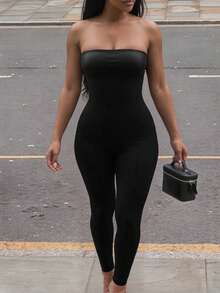 SHEIN SXY Solid Backless Tube Unitard Jumpsuit - Black - View 6