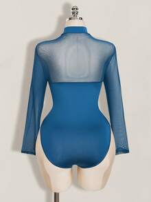 SHEIN ICON Plus Size Mesh Patchwork Y2K Sexy Bodysuit - Navy Blue - View 2