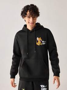 Strevion TOM & JERRY 男士休闲百搭汤姆和杰瑞元素印花连帽卫衣，秋冬款 - 黑色 - 查看 4