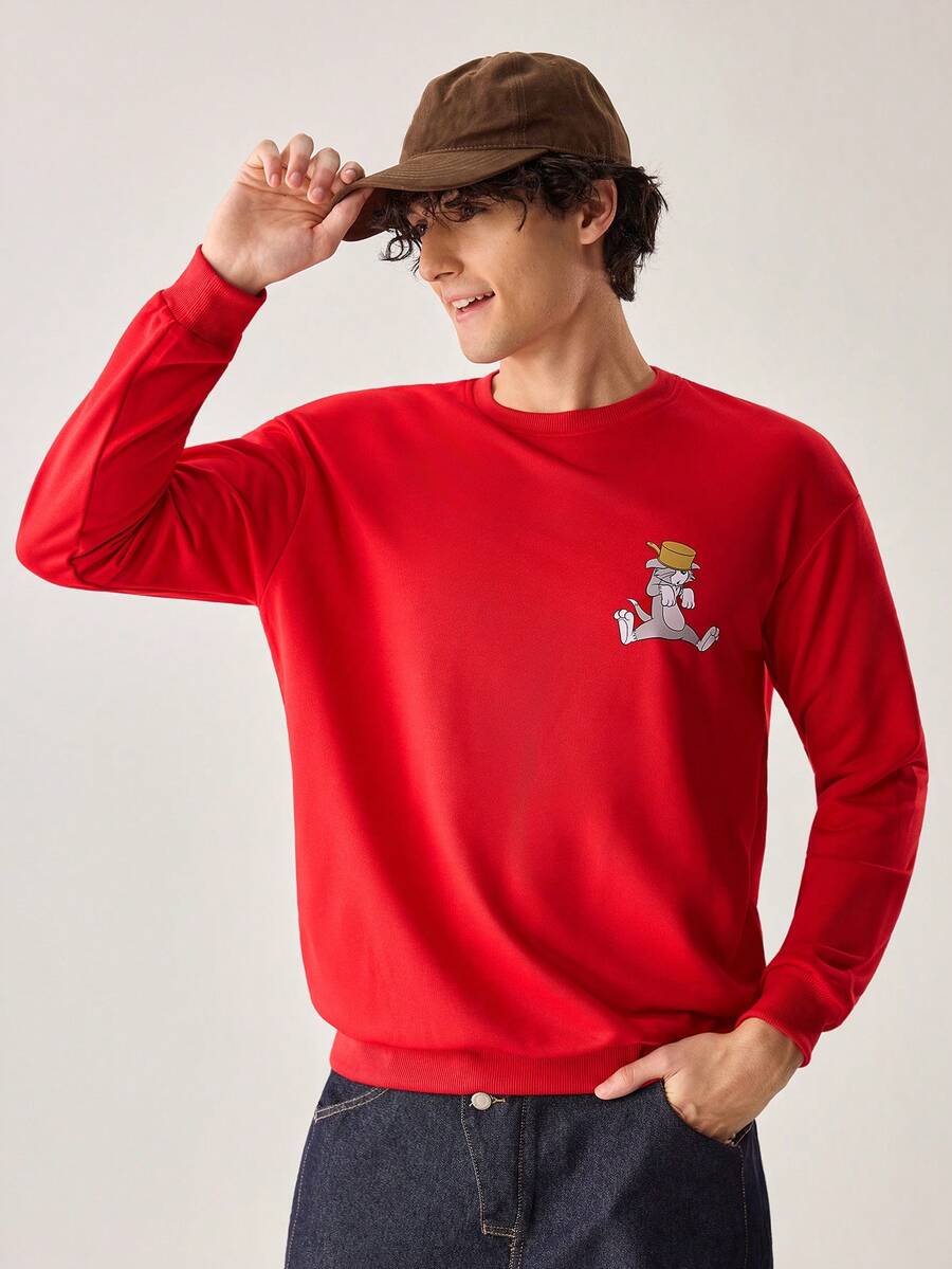 Strevion TOM & JERRY Men's Casual Commuter Tom Maker Letter Print Round Neck Long Sleeve Slim Fit Sweatshirt, Spring/Autumn - Red - View 1