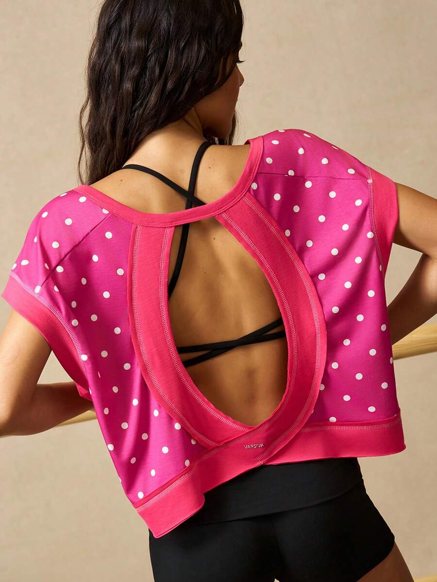 VARSIVA Women's Polka Dot Print Backless Sports T-Shirt - Hot Pink - View 1