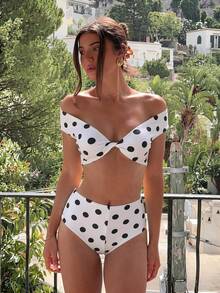 Bonvoyette Heart-Shaped Neckline Polka Dot Ice Silk Print Soft Fabric Twisted Cup Cute Bikini Two-Piece Swimsuit - Multicolor - View 1