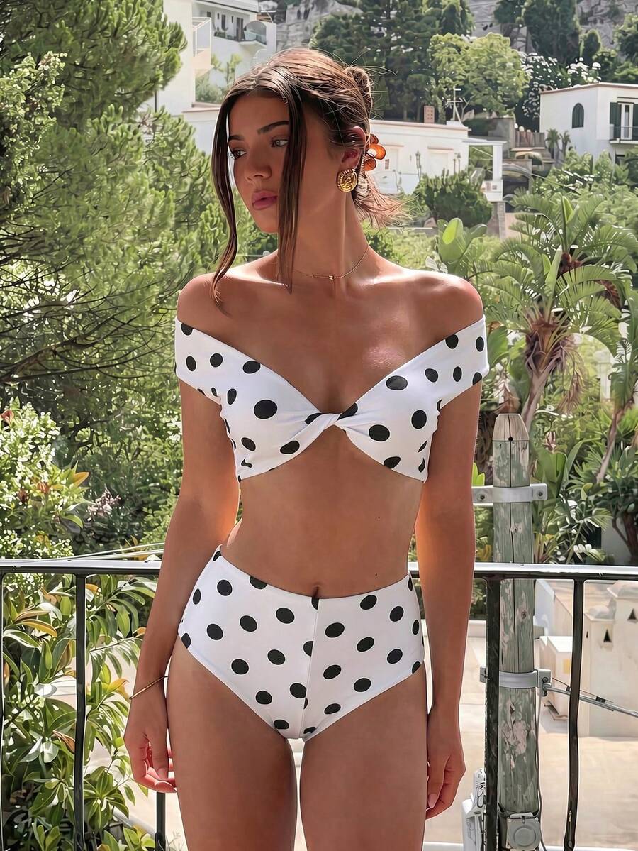 Bonvoyette Heart-Shaped Neckline Polka Dot Ice Silk Print Soft Fabric Twisted Cup Cute Bikini Two-Piece Swimsuit - Multicolor - View 1