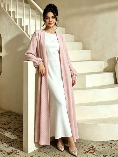 SHEIN Najma Áo Abaya chấm bi dành cho nữ, áo choàng dài kiểu Ả Rập thanh lịch và kín đáo, áo khoác cardigan dài tay thời trang xuân/thu, áo Abaya chấm bi màu hồng nhạt/xám, trang phục Ả Rập.