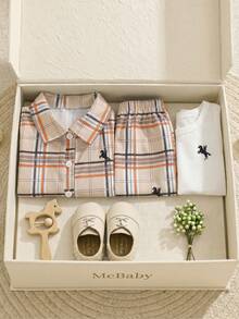 Souflis Souflis 3pcs/Set Baby Boys Casual Fashion Print Pattern Button Long Sleeve Shirt, Round Neck Sleeveless Vest And Shorts Set Suitable For Spring/Summer Vacation, Sports, College, Party And Photography Baby Boys Set Baby Boy Summer Outfit Toddler Boy Clothes Summer Sets Baby Boy Casual Set Summer Wear For Boys - Multicolor - View 11