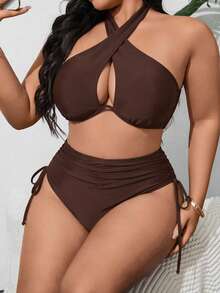 Swim SXY Plus Size Women 2-Piece Solid Color Underwire High Waist Triangle Bikini Set, Ruched Fashion Casual Swimsuit - Brown - View 4