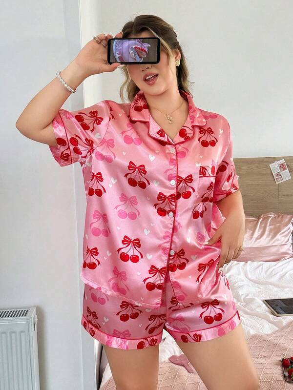 Slumberry CURVE Plus Size Women's Bow Cherry Heart Print, Glossy Satin Collar Short Sleeve Shorts Pajama Set