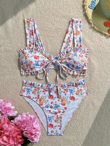 Swim Vcay Girls Sweet 2pcs Floral Random Print Wide Strap Chest Tie Triangle Bikini Swimsuit Set - Multicolor - View 4