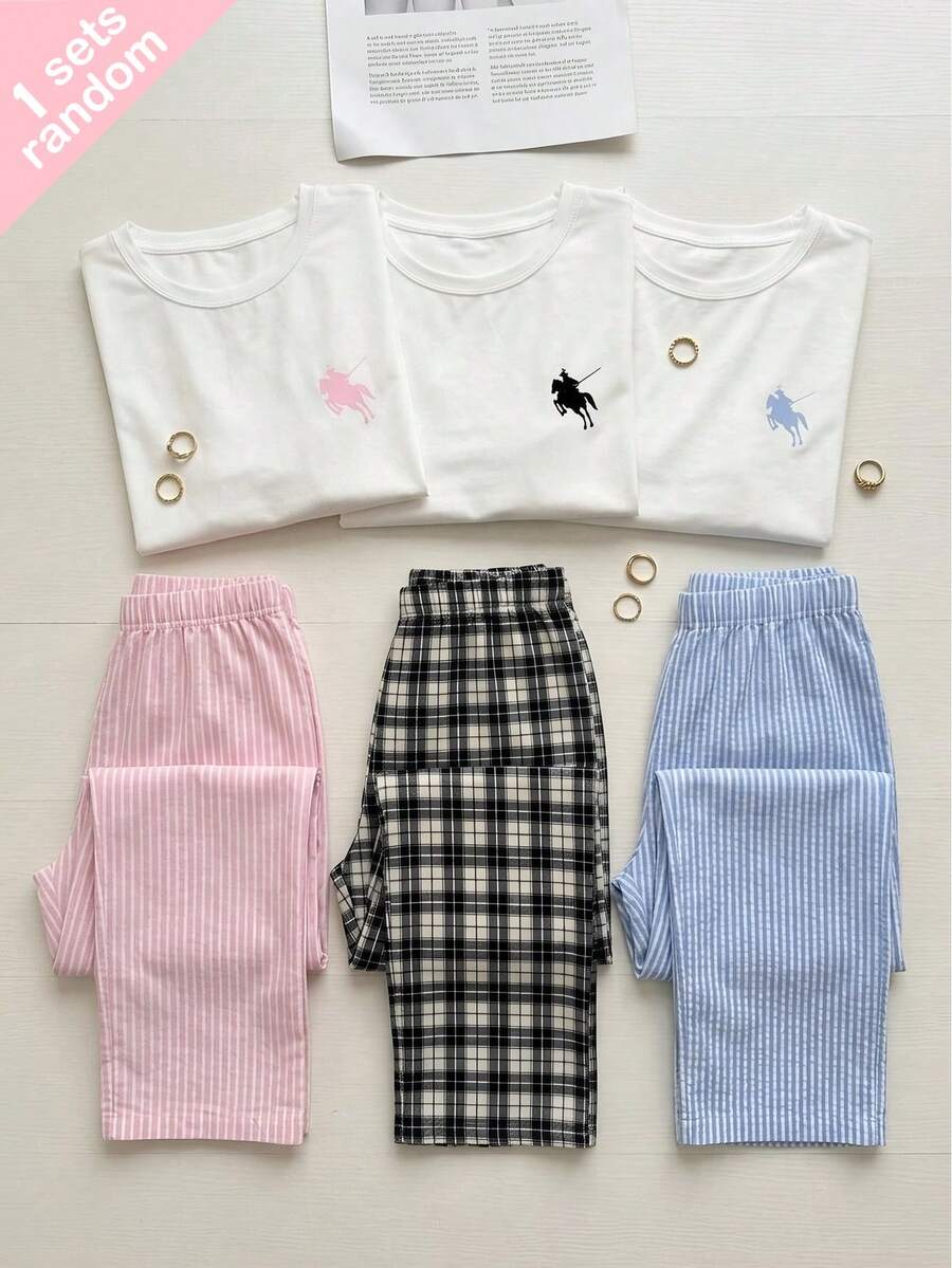 SHEIN Teen Girls Pony Print White Short Sleeve Striped Bubble Check Long Pants Set, Random Surprise Blind Box 3-In-1, Loungewear - Multicolor - View 1