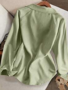 Resyla Women's Solid Color Minimalist Relaxed Fit Heavy Embroidery Knight V-Neck Long Sleeve Blouse - Green - View 2