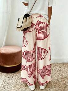 EMERY ROSE Women's Casual Vacation Pink Base Big Fish Print Waist Drawstring Design Wide Leg Pants, Autumn Vacation - Red - View 2