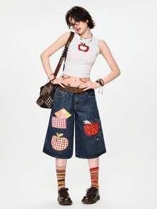 Sweetness Handmade Girls Apple Embroidery Button Decor Low Waist Denim Shorts Women's Jeans - Medium Wash - View 13