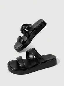 HighSole Sandales décontractées confortables pour femmes, semelle épaisse, double ceinture, design croisé, bout ouvert, style léger et mature, noir, pour le printemps et l'été, usage quotidien, rue et voyage - Noir - Voir 5