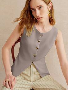 Pariaura Women's Solid Color Metal Single-Breasted Casual Sleeveless Knit Top - Khaki - View 3
