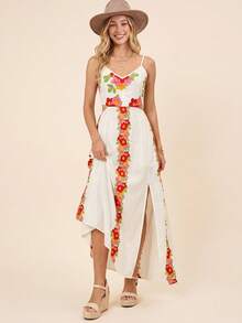 Coeurva Women's Summer Beach Floral Print High Slit Spaghetti Strap Dress - Multicolor - View 7