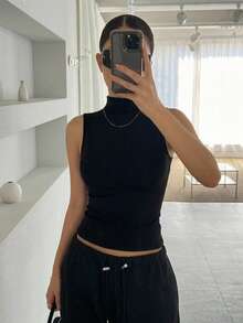 DAZY 女款優雅高領修身背心上衣，適合夏季日常穿著 - 黑色 - 查看 5