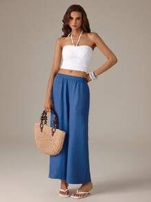 SHEIN Tall Women's Solid Color Minimalist Casual Elastic Waist Loose Long Pants Suitable For Daily Wear, Tall Women Vacation Blue Autumn - Blue - View 4