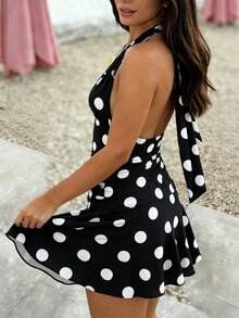 Cévolie Vacation Style Polka Dot Print Backless Halter Neck Mini Dress - Black and White - View 2