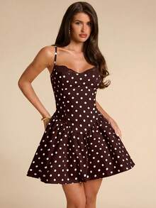 SHEIN BAE Summer Polka Dot Neckline Brown And White Polka Dot Lace Patchwork A-Line Mini Puff Dress, Wedding Going Out Bridesmaid Cocktail Party Cute - Coffee Brown - View 3