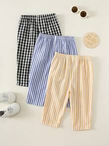 Bộ 3 quần dài unisex cho bé trai và bé gái, quần dài mùa hè và mùa thu, cạp chun co giãn, họa tiết kẻ sọc, nhiều màu, phong cách dễ thương, đa năng cho kỳ nghỉ hè, gói nhiều chiếc - Nhiều màu - Xem 2