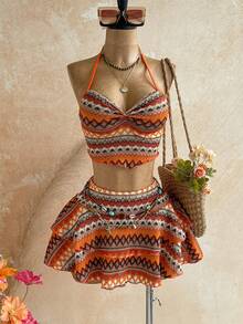 Soleia Orange Halter Top & Printed Mini Skirt Women's 2 Pieces Set Vacation - Multicolor - View 7