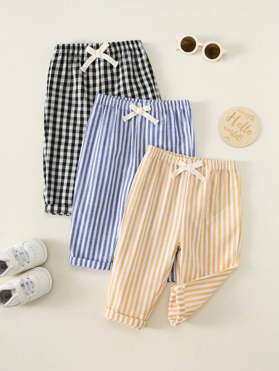Bộ 3 quần dài unisex cho bé trai và bé gái, quần dài mùa hè và mùa thu, cạp chun co giãn, họa tiết kẻ sọc, nhiều màu, phong cách dễ thương, đa năng cho kỳ nghỉ hè, gói nhiều chiếc - Nhiều màu - Xem 1