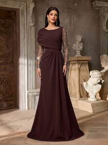 Aureia Elegant Luxurious Beaded Sequin Bubble Bead Embroidery Sheer Sleeve Patchwork Elastic Knit Ruched Mermaid Ruffle Dress - Rust Brown - View 6