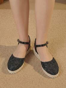 Styleloop 女款麻繩草編粗跟黑色編織腳踝綁帶露跟楔形跟鞋涼鞋 Pomessian 風格 - 黑色 - 查看 4