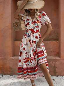 Flora Isola Flora Isola Vacation Bohemian Boho Large Floral White Floral Women's Dress Summer - Red - View 4